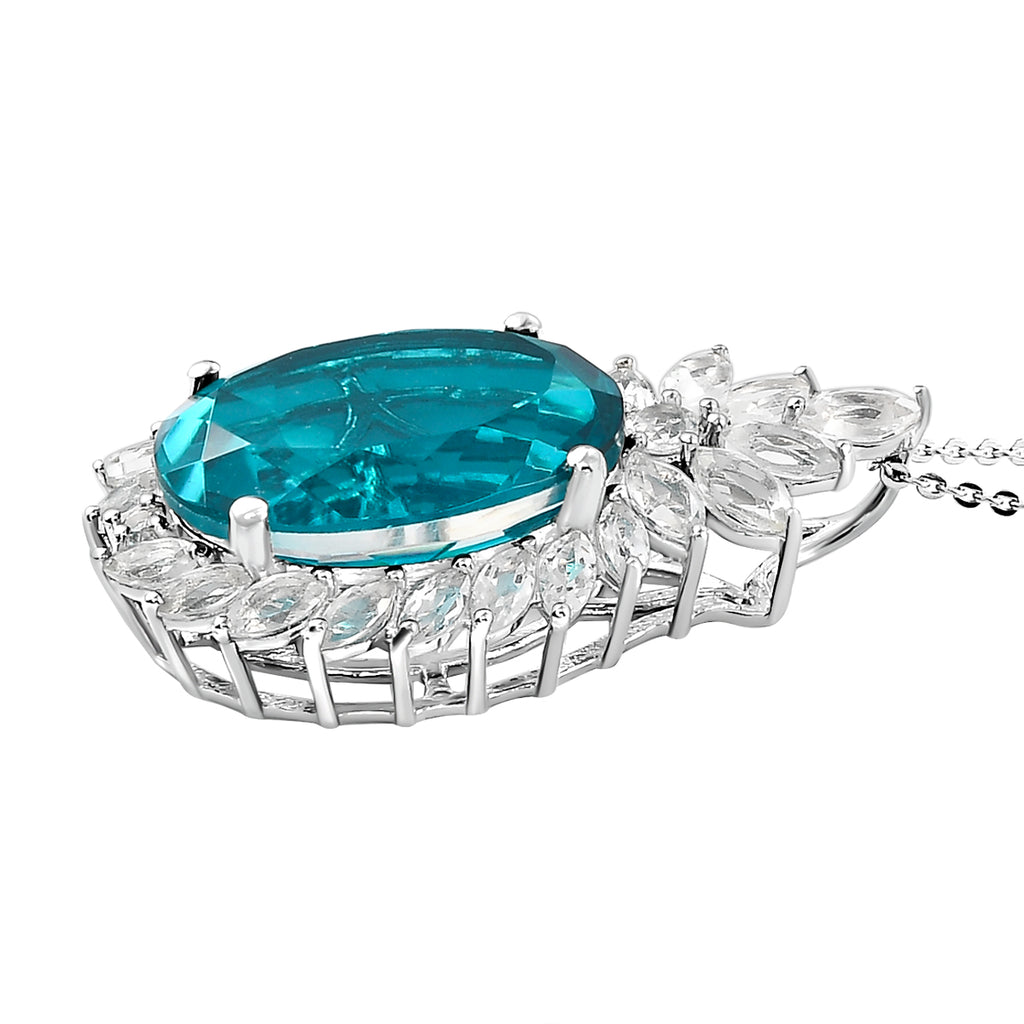 Capri-Blau Quartz und weißer Topas-Anhänger mit Kette, 925 Silber platiniert ca. 16.33 ct