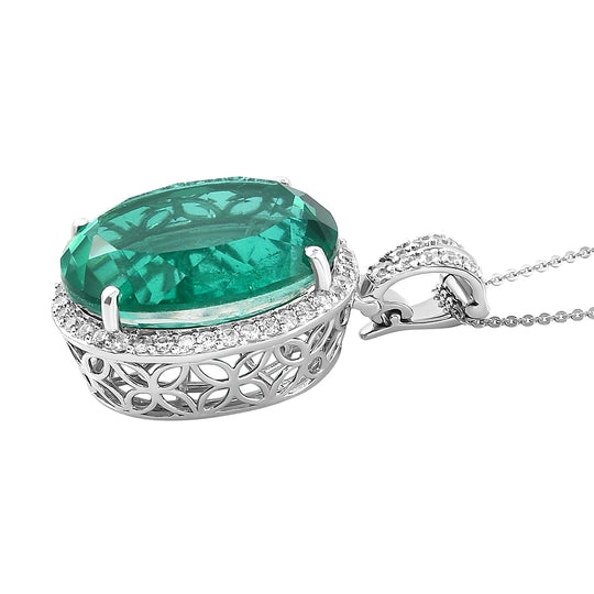 Smaragd-Triplett-Quarz und weißer Zirkon-Anhänger mit Kette, 925 Silber platiniert ca. 34,29 ct