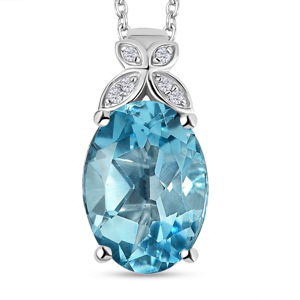 Himmelblauer Topas und weißer Zirkon-Anhänger mit Kette, ca. 50 cm, 925 Silber platiniert ca. 7.39 ct