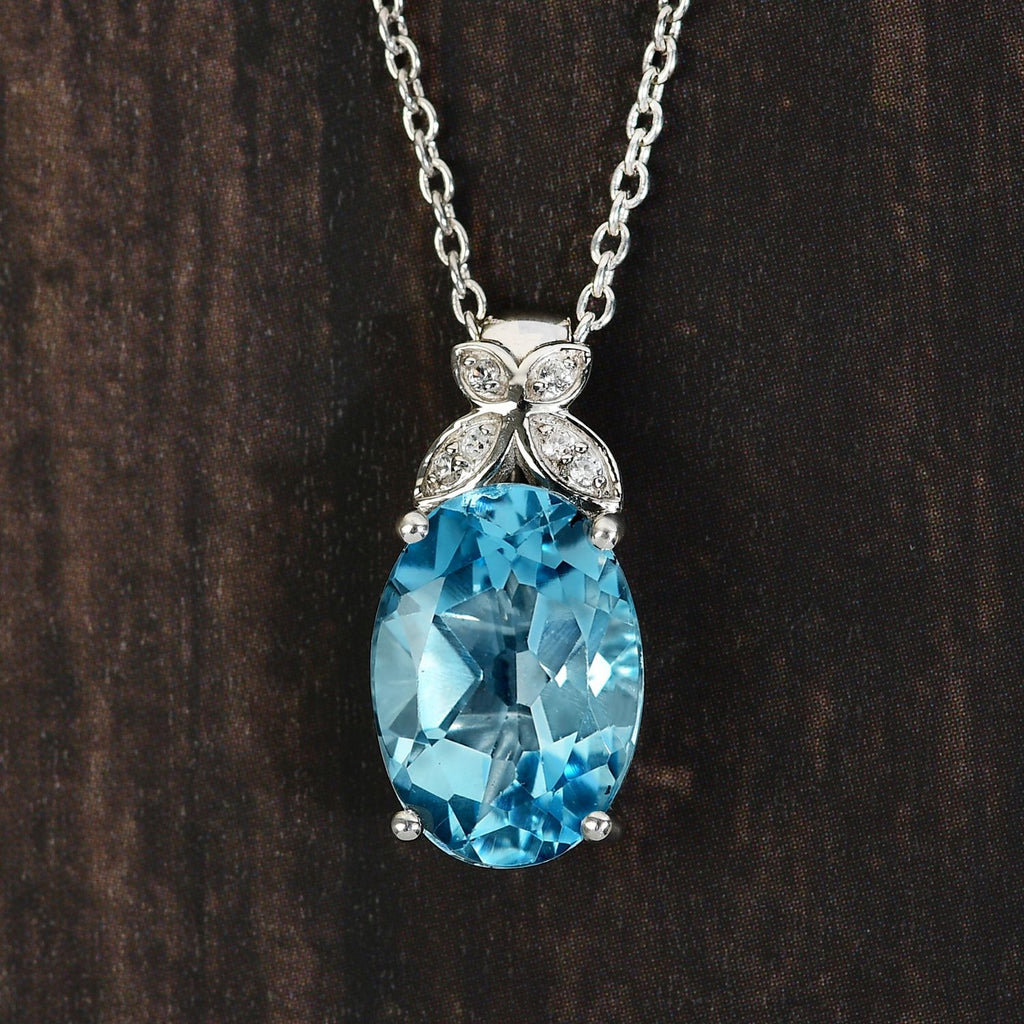Himmelblauer Topas und weißer Zirkon-Anhänger mit Kette, ca. 50 cm, 925 Silber platiniert ca. 7.39 ct