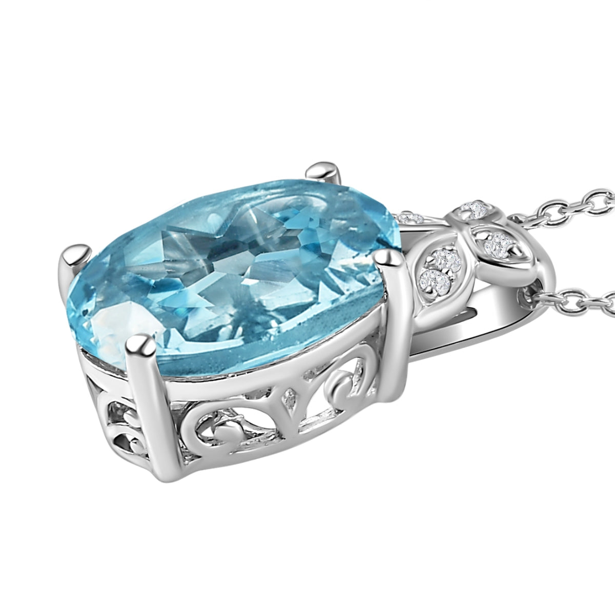 Himmelblauer Topas und weißer Zirkon-Anhänger mit Kette, ca. 50 cm, 925 Silber platiniert ca. 7.39 ct