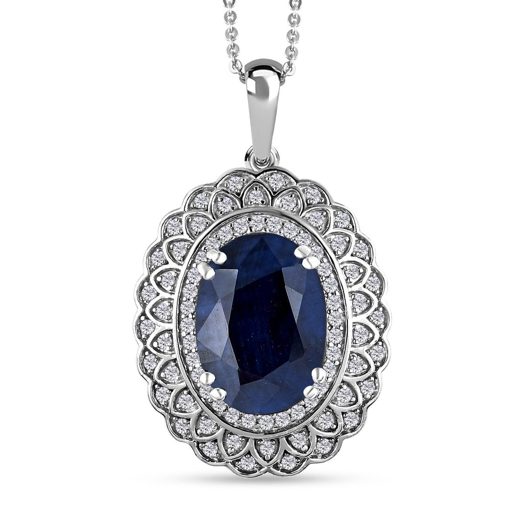 Diffundierter blauer Saphir und weißer Zirkon-Anhänger mit Kette, 925 Silber platiniert ca. 7.45 ct