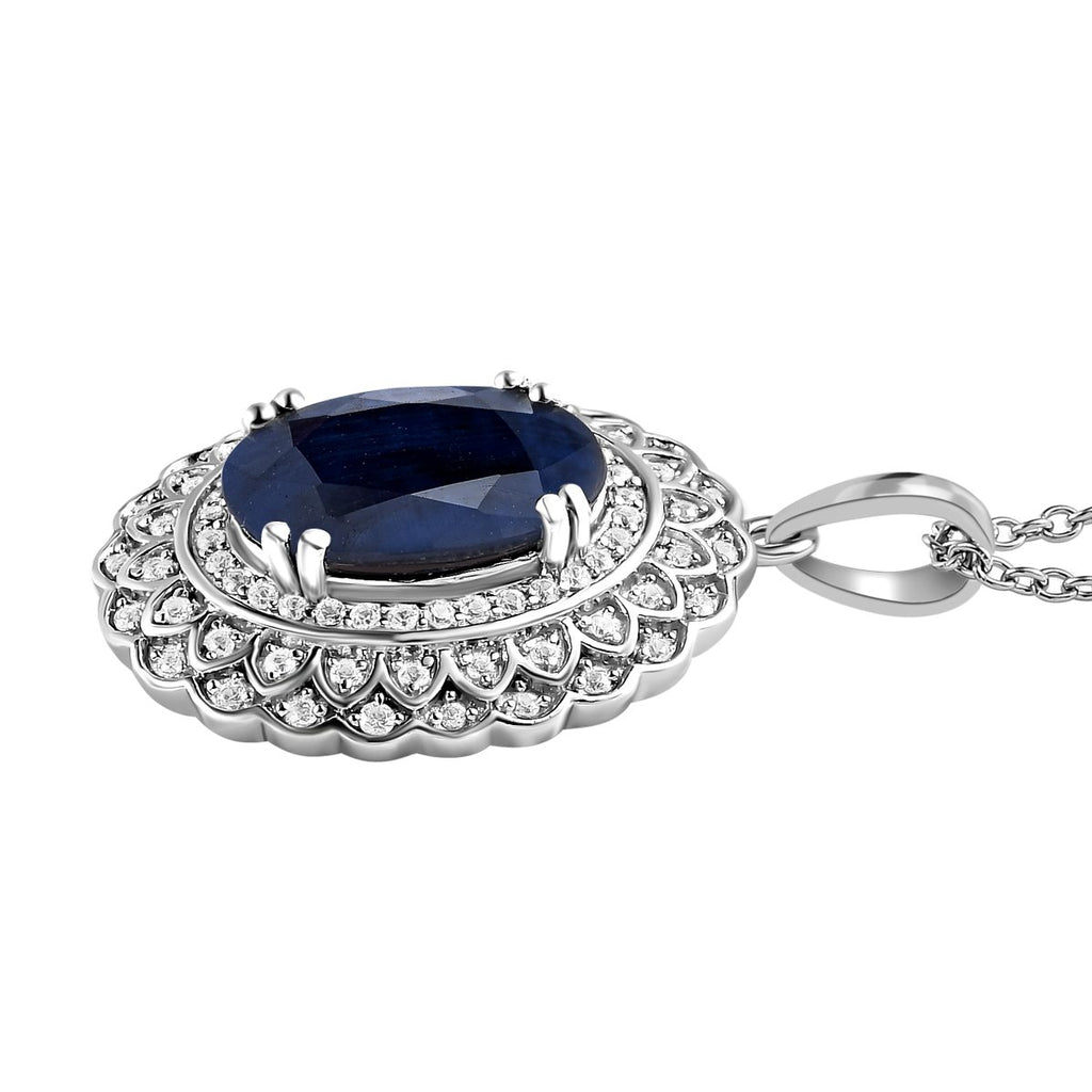 Diffundierter blauer Saphir und weißer Zirkon-Anhänger mit Kette, 925 Silber platiniert ca. 7.45 ct