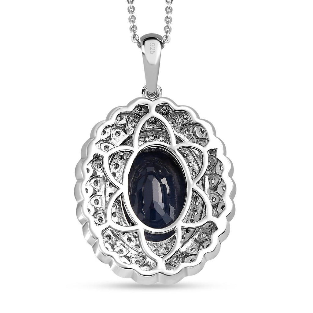 Diffundierter blauer Saphir und weißer Zirkon-Anhänger mit Kette, 925 Silber platiniert ca. 7.45 ct