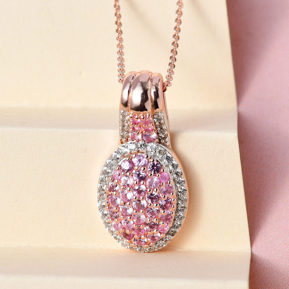 Rosa Saphir Anhänger mit Kette, 925 Silber roségold Vermeil ca. 2.03 ct