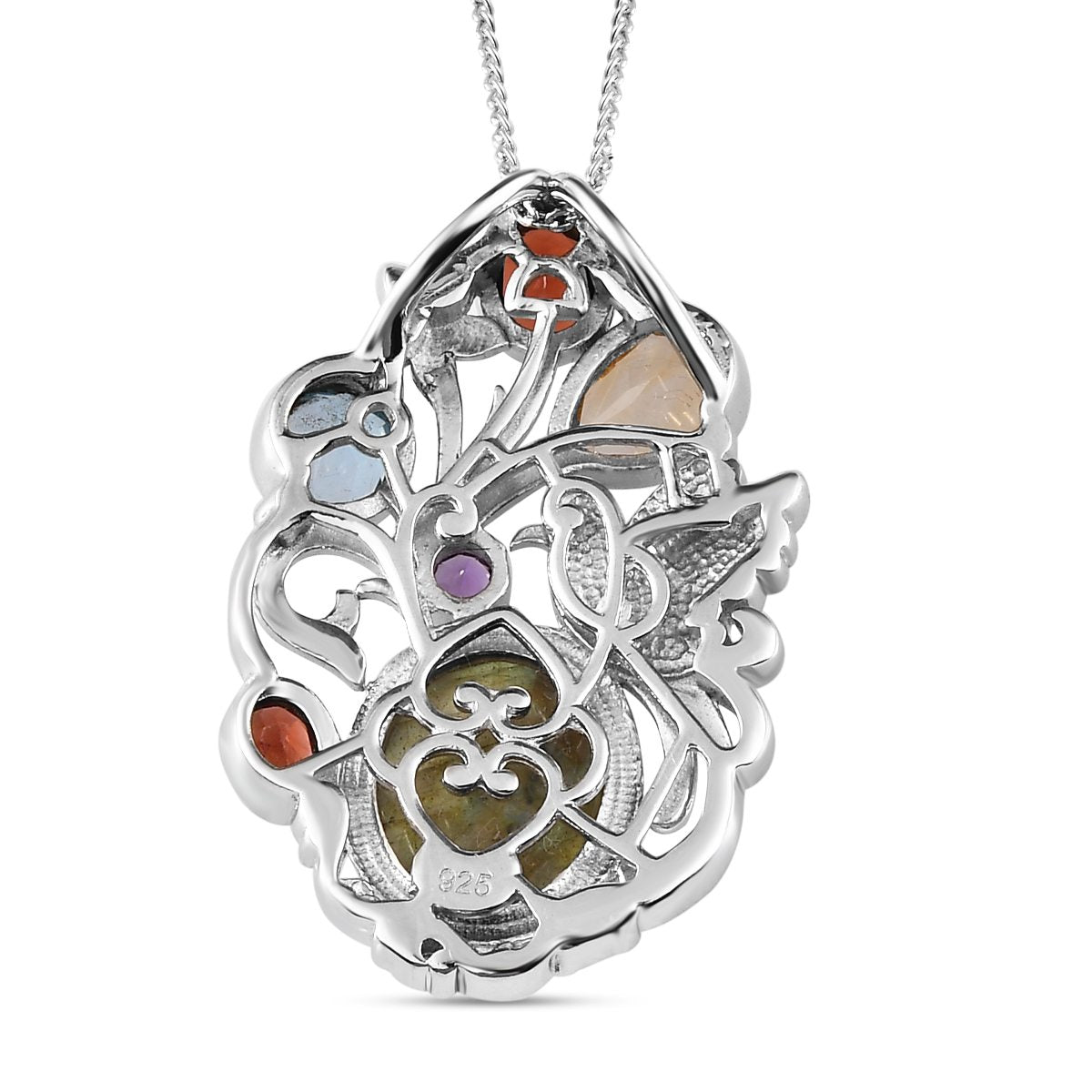Labradorit und mehrfarbiger Edelstein-Anhänger mit Kette,  925 Silber platiniert ca. 8.05 ct