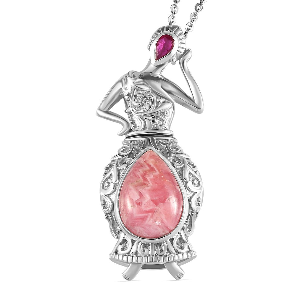 Rhodochrosit und afrikanischer Rubin-Anhänger mit Kette, 925 Silber platiniert ca. 7.39 ct