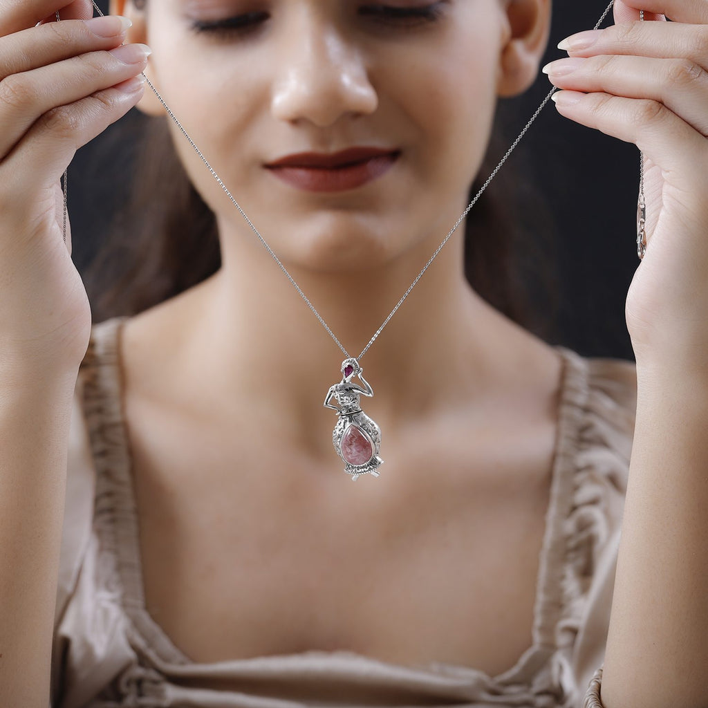 Rhodochrosit und afrikanischer Rubin-Anhänger mit Kette, 925 Silber platiniert ca. 7.39 ct