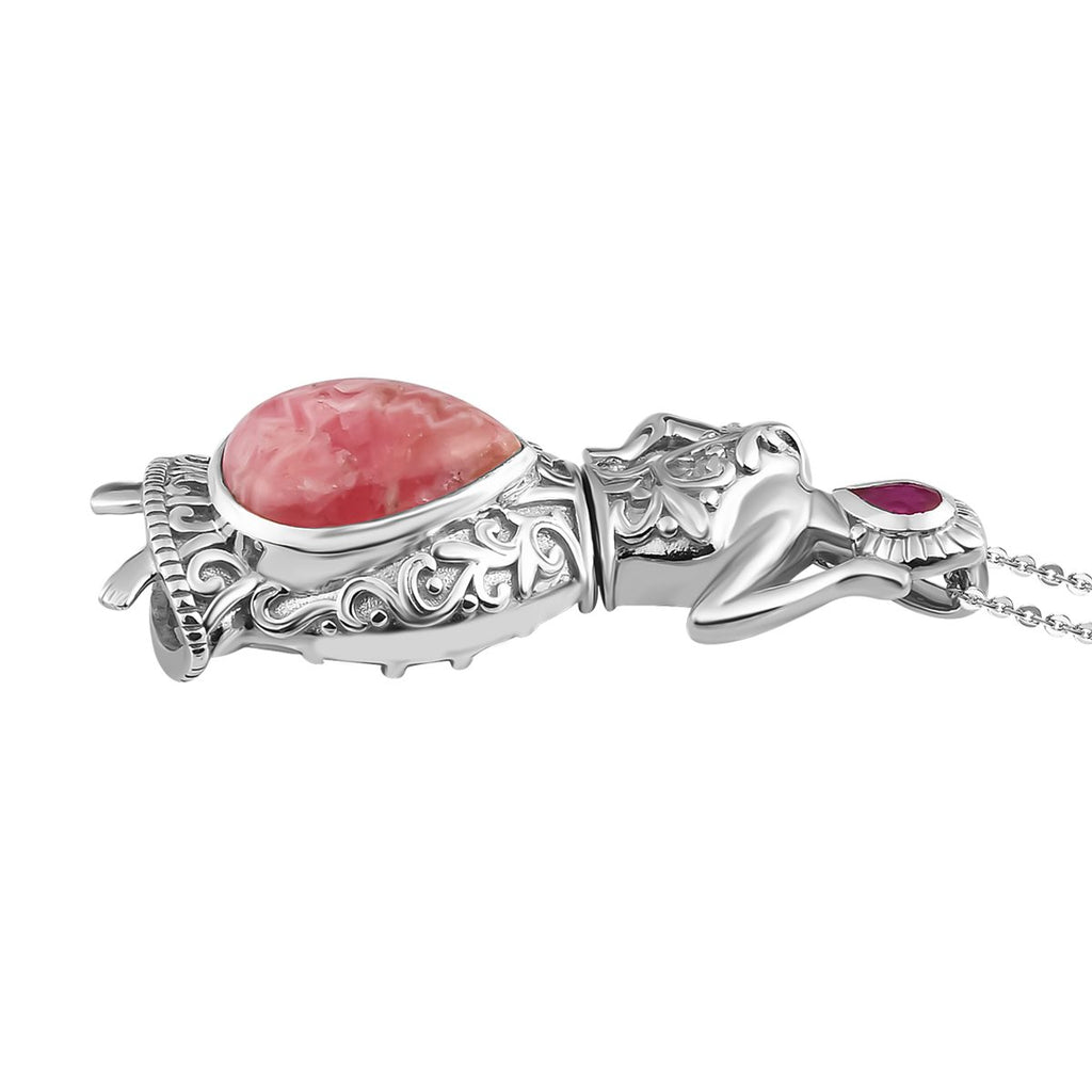 Rhodochrosit und afrikanischer Rubin-Anhänger mit Kette, 925 Silber platiniert ca. 7.39 ct