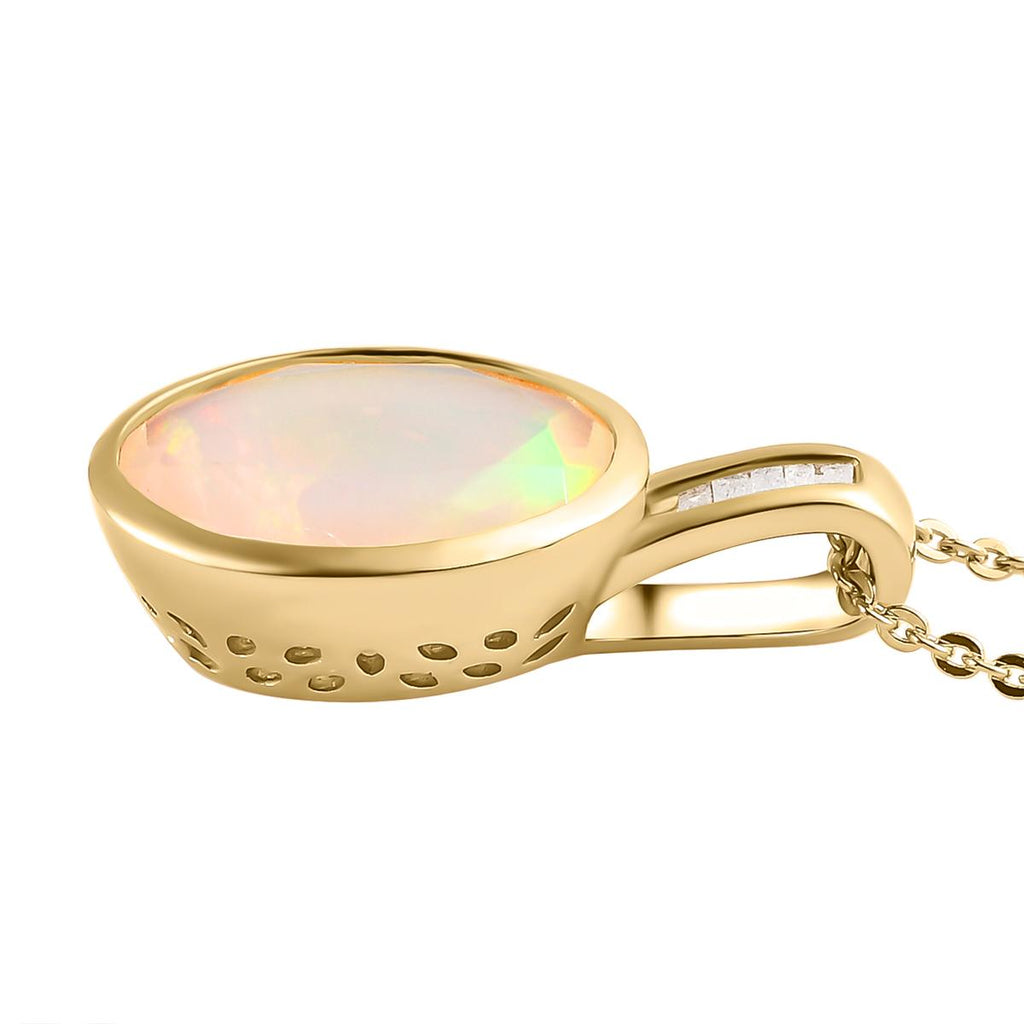 Natürlicher, äthiopischer Welo Opal und weißer Diamant-Anhänger mit Kette, 925 Silber Gelbgold Vermeil ca. 2.10 ct