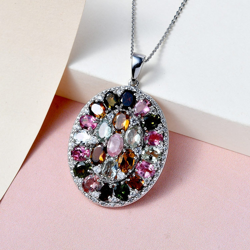 Natürlicher mehrfarbiger Turmalin Anhänger mit Kette, 925 Silber platiniert ca. 8.79 ct