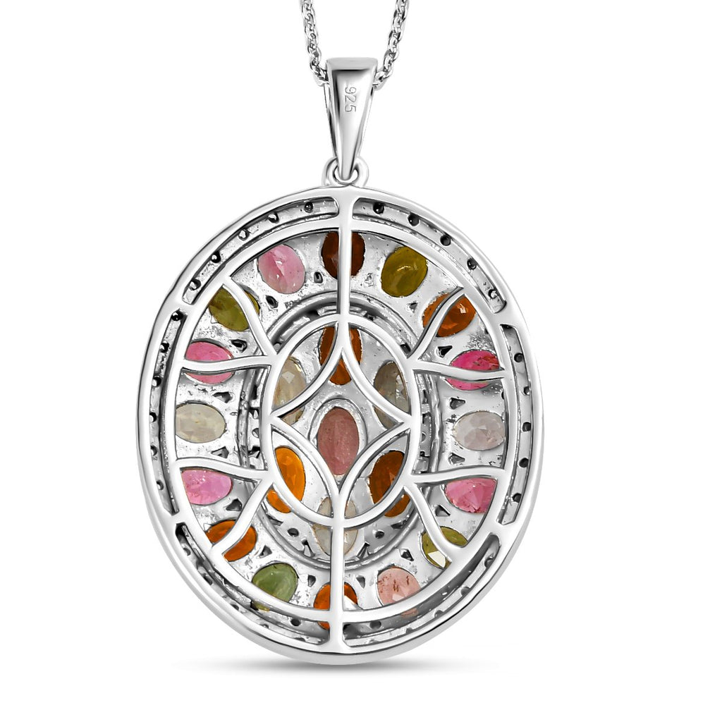 Natürlicher mehrfarbiger Turmalin Anhänger mit Kette, 925 Silber platiniert ca. 8.79 ct