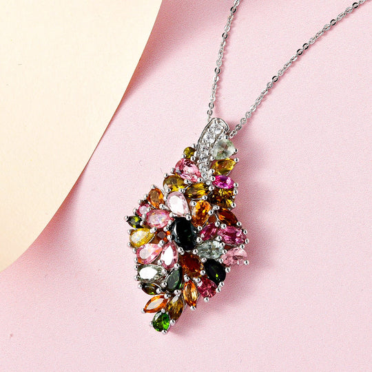 Natürlicher mehrfarbiger Turmalin Anhänger mit Kette, 925 Silber platiniert ca. 6.21 ct