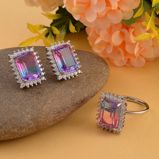 2er Set - Rosa Turmalin Glas, weißer Zirkonia Ring und Ohrringe Set, Reines Messing
