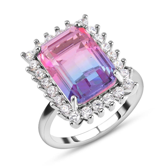 2er Set - Rosa Turmalin Glas, weißer Zirkonia Ring und Ohrringe Set, Reines Messing