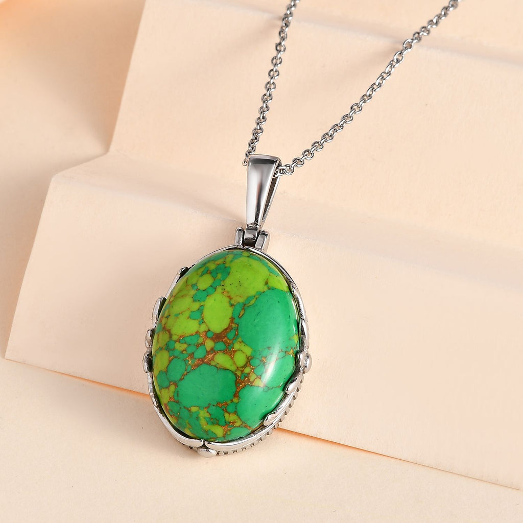 Grünes Türkis Anhänger mit Kette, Edelstahl ca. 25.92 ct