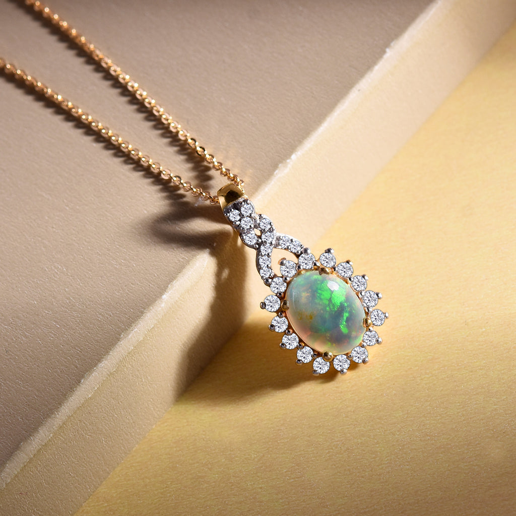 Natürlicher, äthiopischer Opal und weißer Zirkon-Anhänger mit Kette, Silber ca. 1,82 ct