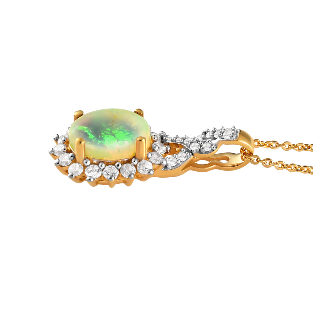 Natürlicher, äthiopischer Opal und weißer Zirkon-Anhänger mit Kette, Silber ca. 1,82 ct