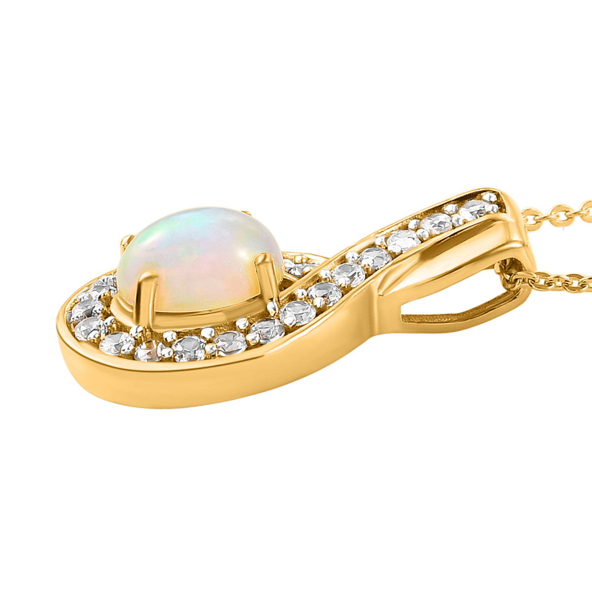 Natürlicher, äthiopischer Opal und weißer Zirkon-Anhänger mit Kette, ca. 1,52 ct