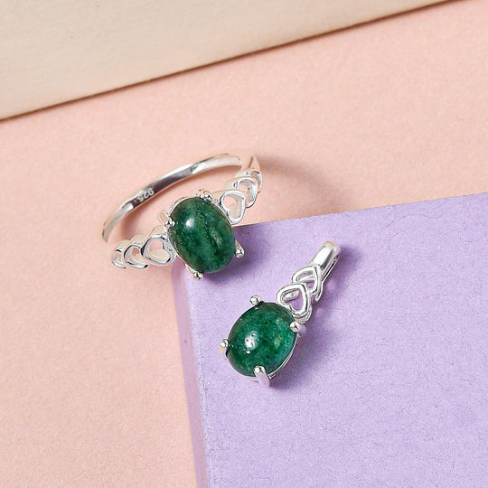 Grüner Aventurin Ring und Anhänger, 925 Silber ca. 3,13 ct