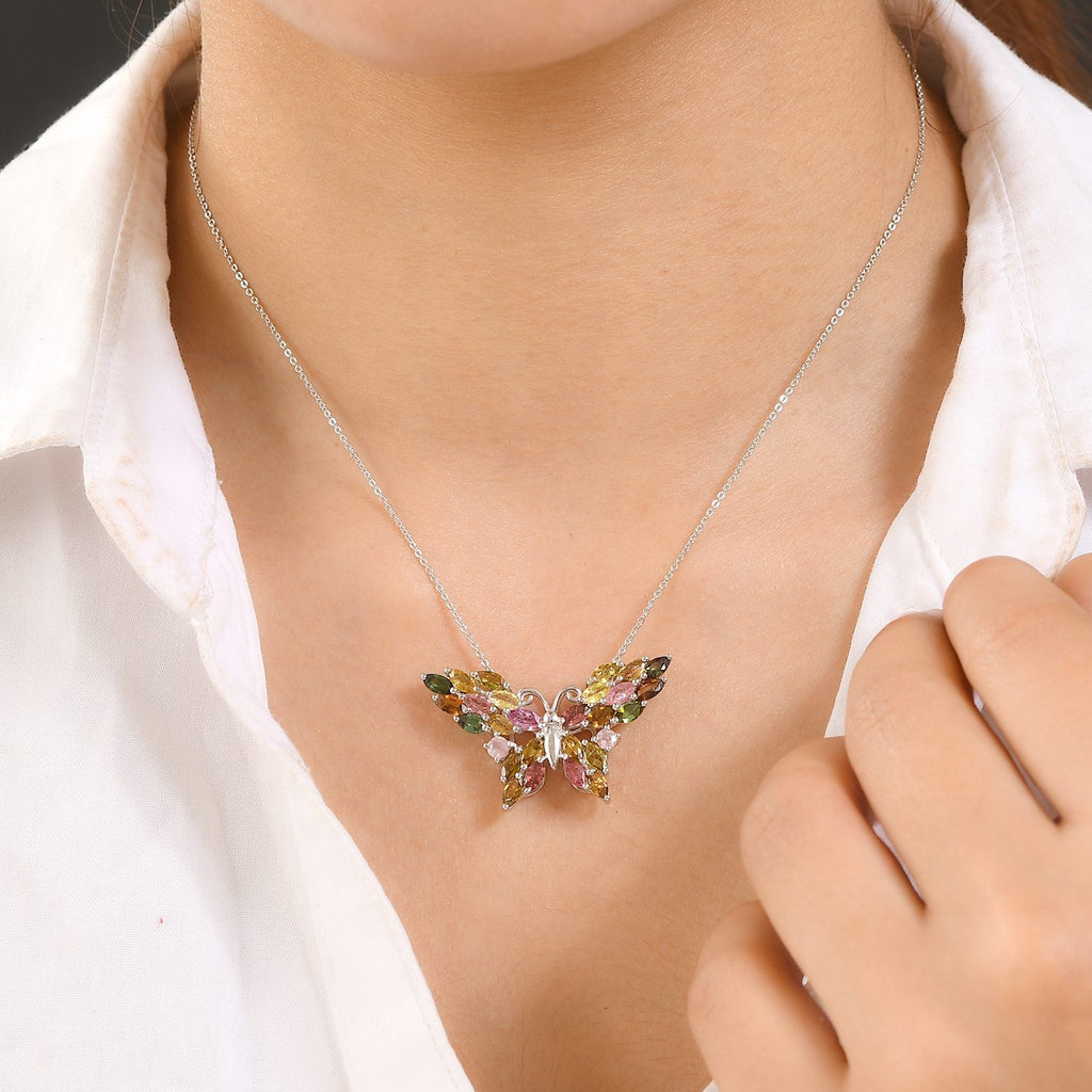 Natürlicher mehrfarbiger Turmalin Anhänger mit Kette, 925 Silber platiniert ca. 3.88 ct
