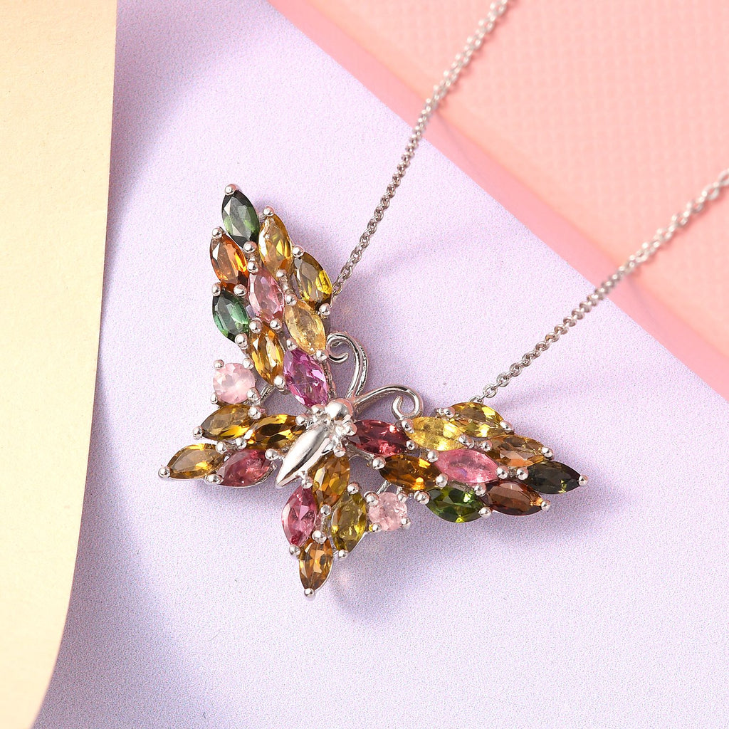 Natürlicher mehrfarbiger Turmalin Anhänger mit Kette, 925 Silber platiniert ca. 3.88 ct