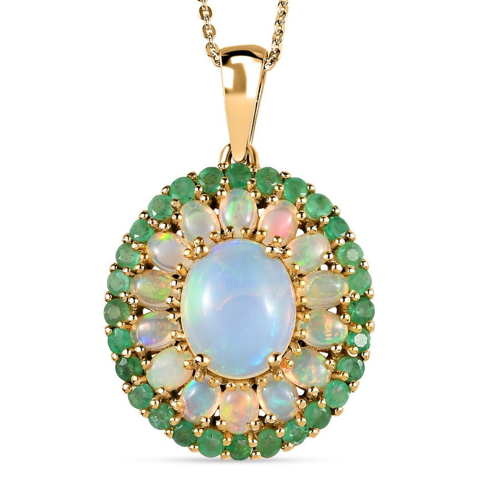 Natürliche, äthiopische Opal, Sambischer Smaragd Anhänger mit Kette, 925 Silber Gelbgold Vermeil, ca. 5.24 ct