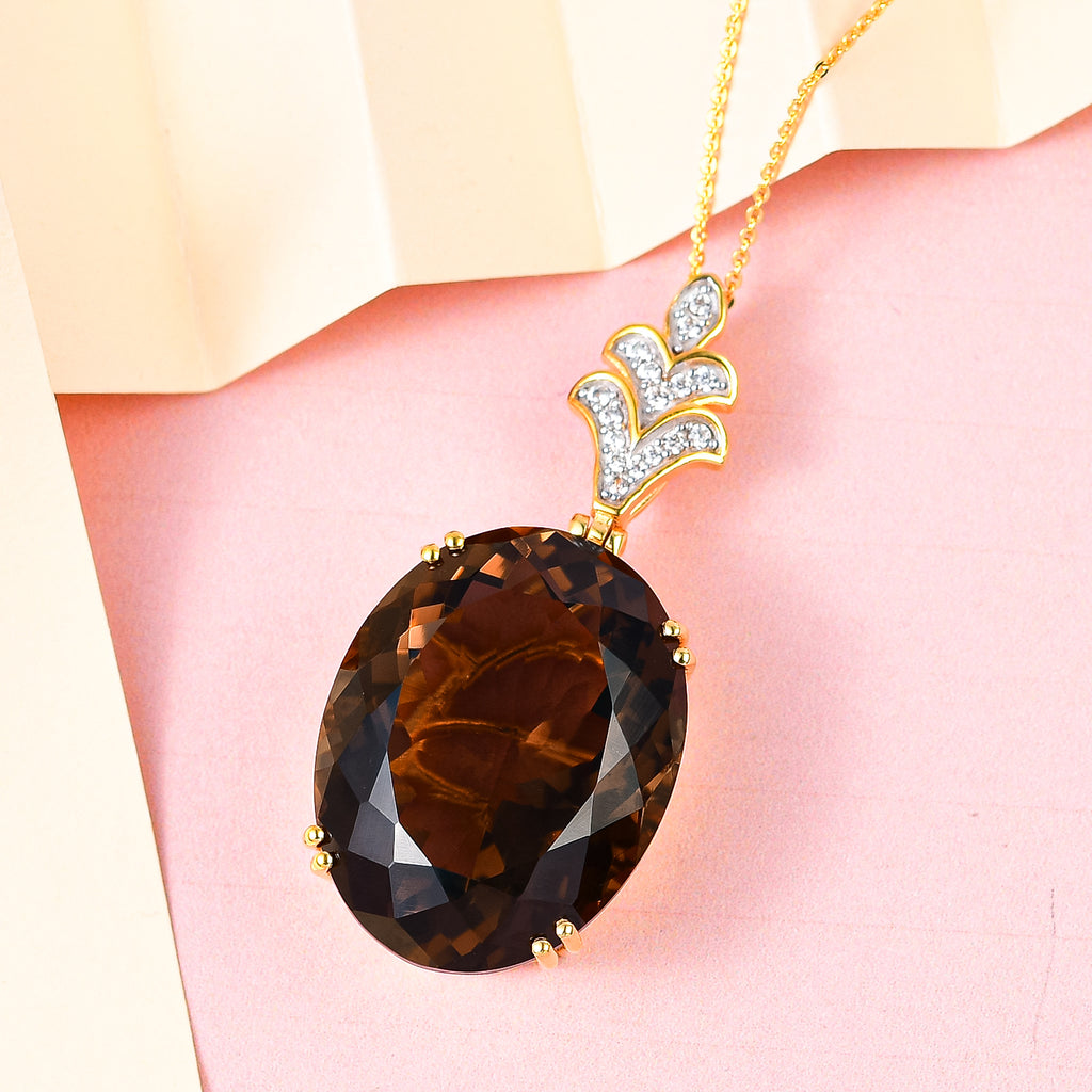 Rauchquarz und weißer Zirkon Anhänger mit Kette, 925 Silber vergoldet ca. 41.29 ct