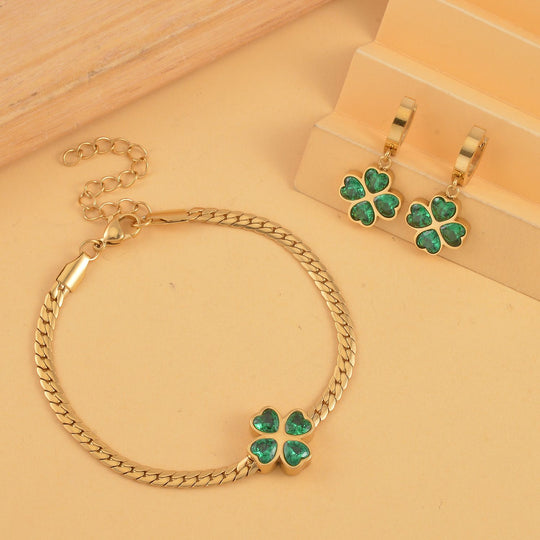 2er Set - Grüner Kristall Ohrringe und Armband, Reiner Edelstahl vergoldet