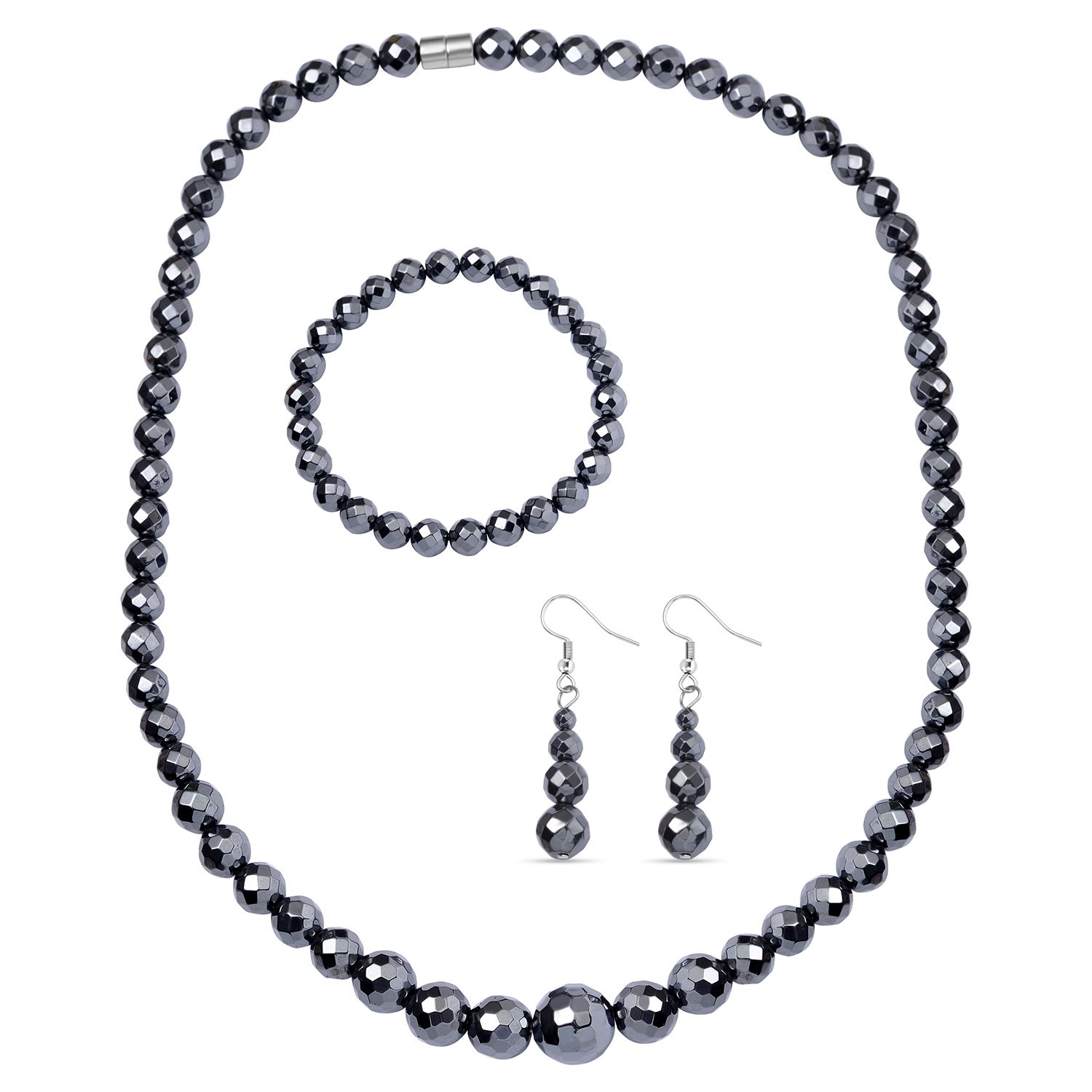 3er Set Hämatit - dehnbare Halskette, Armband, und Ohrringe Schmuckset, 316L Edelstahl, ca. 711.00 ct