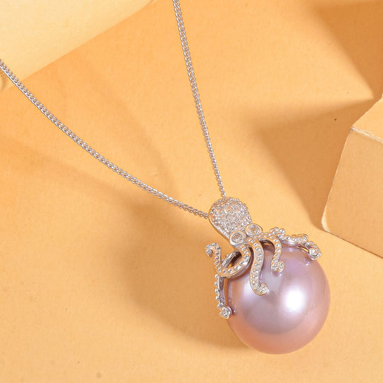Lila Edison Perle (14-15 mm), Weißer Zirkon Schmuckset 925 Silber platiniert ca. 0,13 ct.