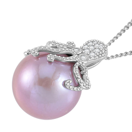 Lila Edison Perle (14-15 mm), Weißer Zirkon Schmuckset 925 Silber platiniert ca. 0,13 ct.