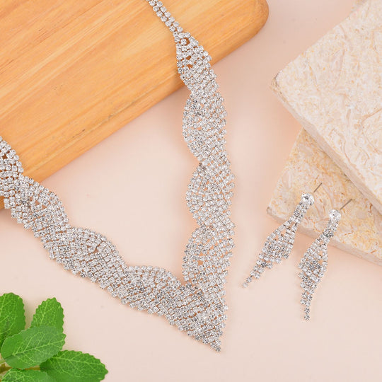 2er Set - Weißer Kristall Halskette und Ohrringe Schmuckset, Messing