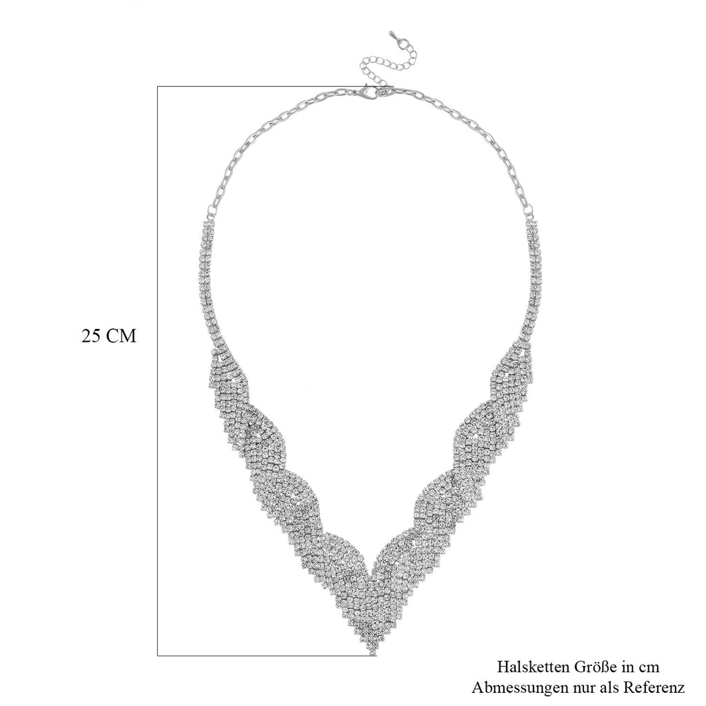 2er Set - Weißer Kristall Halskette und Ohrringe Schmuckset, Messing