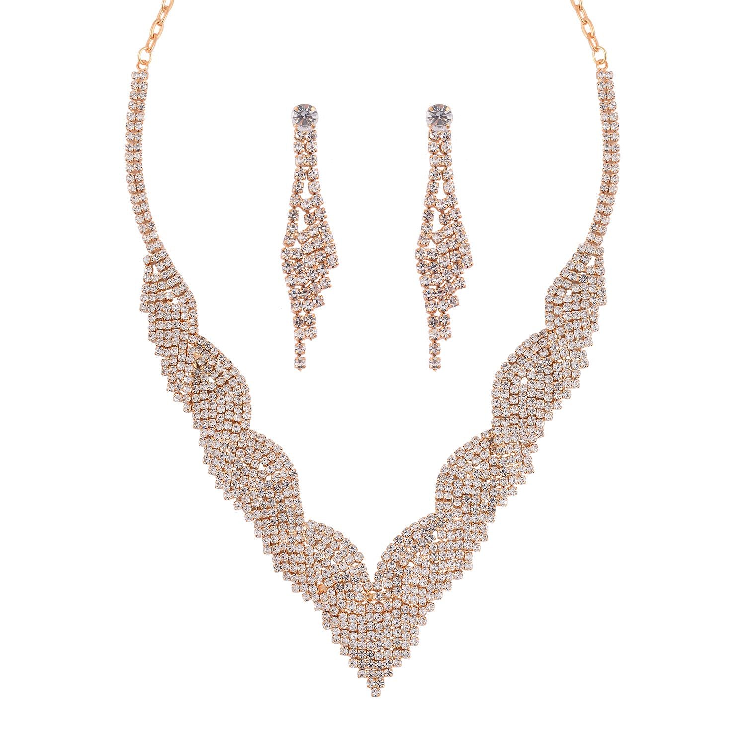 2er Set - Weißer Kristall Halskette und Ohrringe Schmuckset, Messing