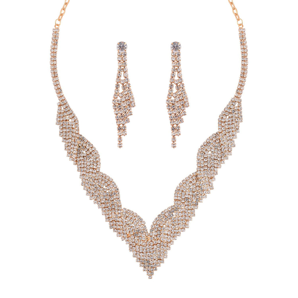2er Set - Weißer Kristall Halskette und Ohrringe Schmuckset, Messing
