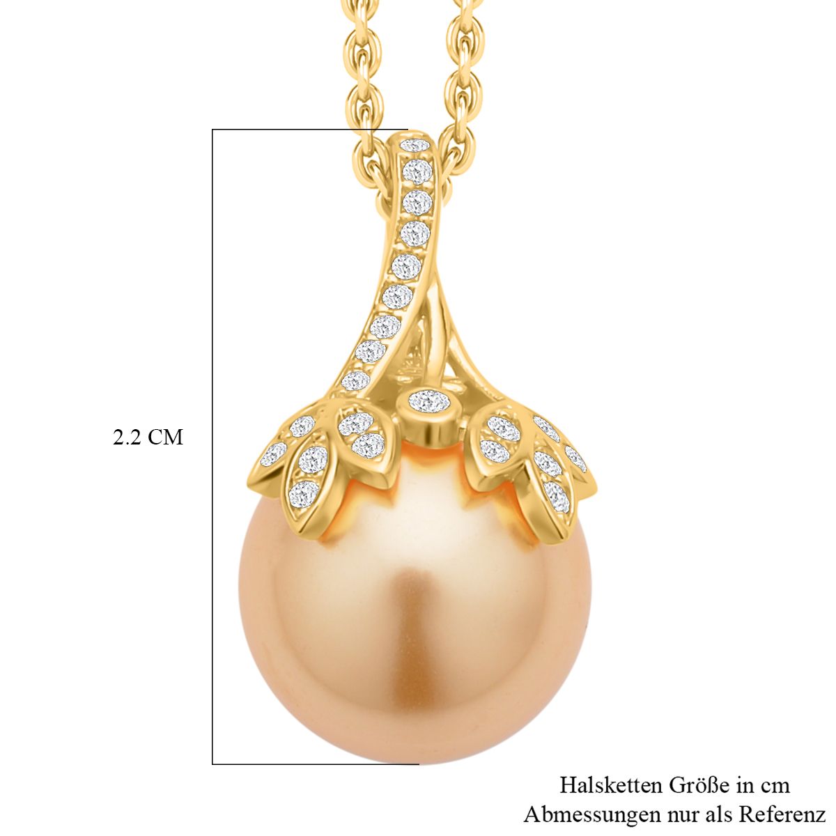 Goldene Muschelkernperle, weißer Zirkonia, Anhänger mit Kette, Messing, Edelstahl, ca., goldfarben 0.25 ct
