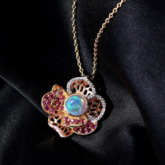 AA Natürlicher, äthiopischer Welo Opal, Rhodolith Granat Schmuckset 925 Silber bicolor ca. 2.67 ct