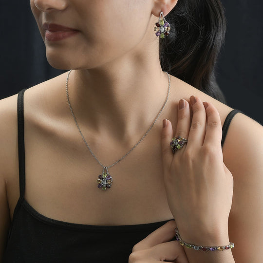 5er Set- Mehrfarbiger Armband, Ohrringe, Anhänger mit Kette (ca. 50 cm) und Ring , Schmuckset, Reiner Edelstahl ca. 22.40 ct