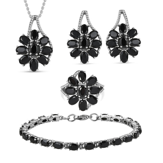 Schwarzer Spinell Schmuckset  Edelstahl ca. 34.73 ct