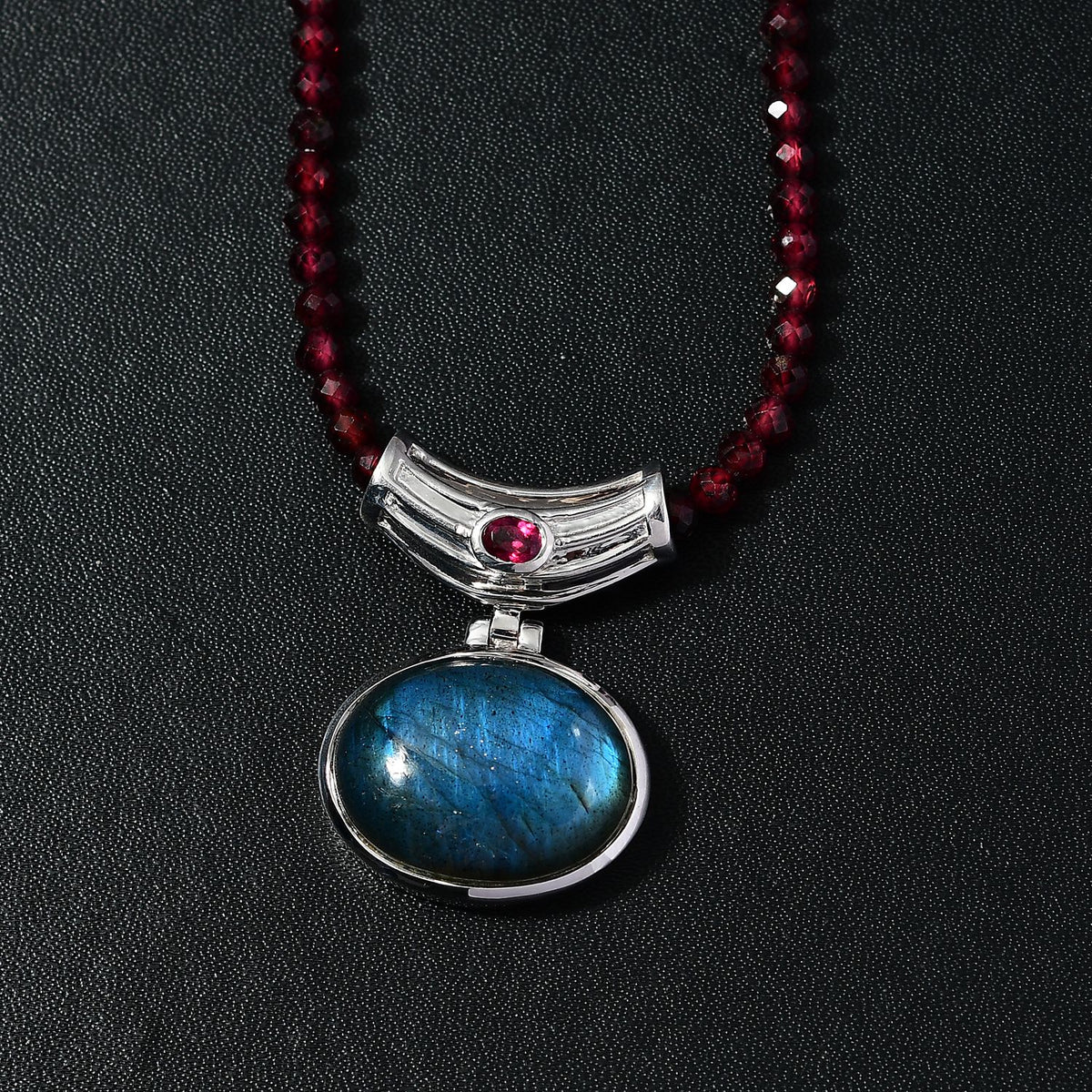 AAA Labradorit, Rhodolith Granat Schmuckset 925 Silber platiniert ca. 89,00 ct.