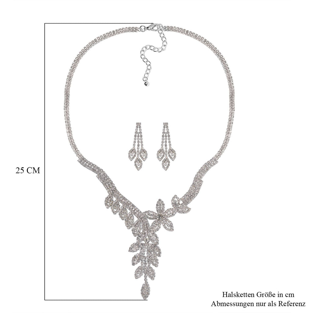 2er Set - Weißer Kristall Halskette und Ohrringe Schmuckset, Messing