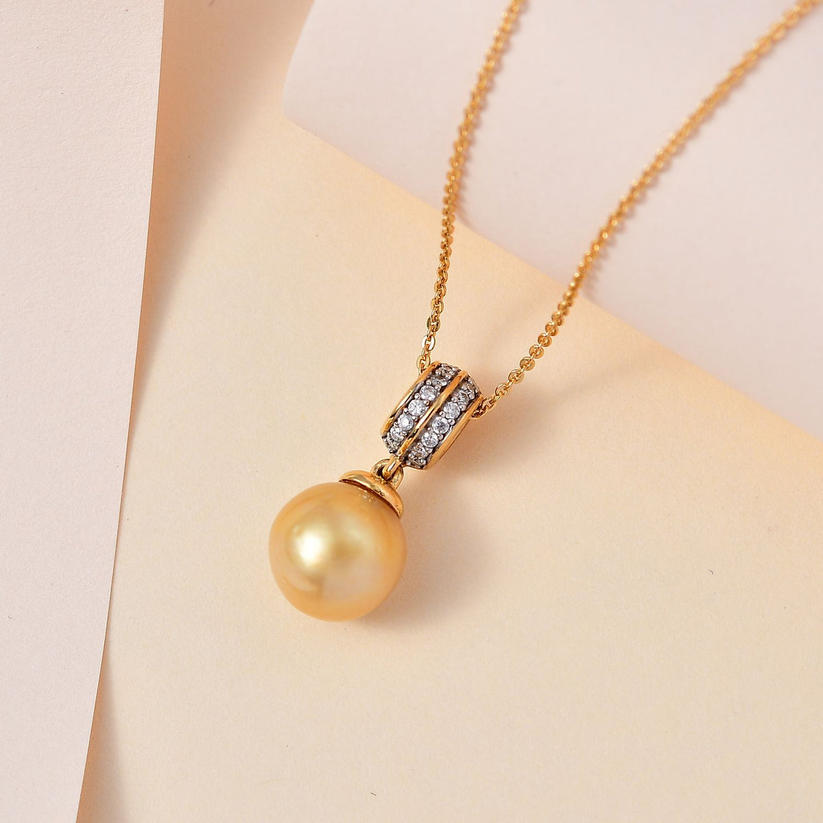 Goldene Südsee Perle, Moissanit Schmuckset 925 Silber Gelbgold Vermeil