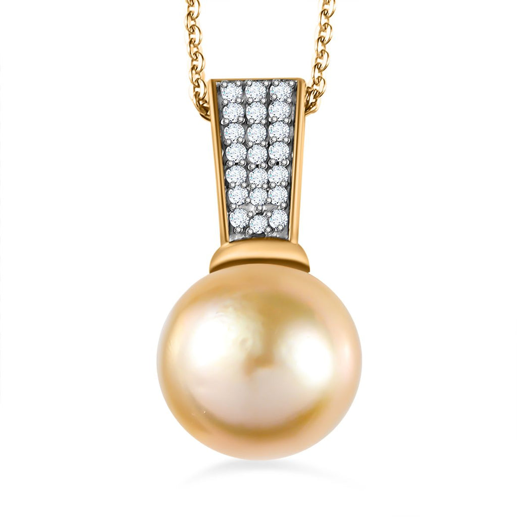Goldene Südsee Perle, Weißer Zirkon Schmuckset 925 Silber Gelbgold Vermeil ca. 0.42 ct