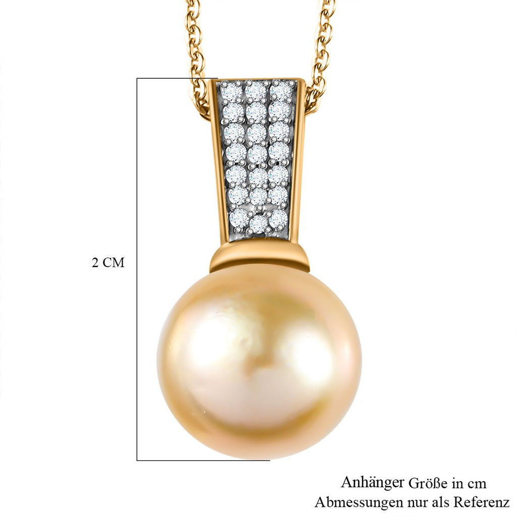 Goldene Südsee Perle, Weißer Zirkon Schmuckset 925 Silber Gelbgold Vermeil ca. 0.42 ct