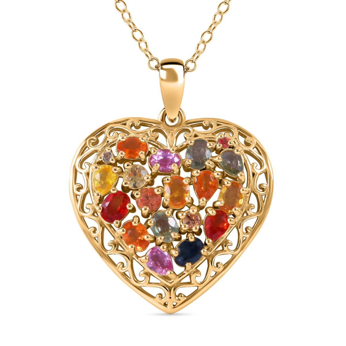 Mehrfarbig Saphir Anhänger mit Kette, 925 Silber Gelbgold Vermeil ca. 3.46 ct