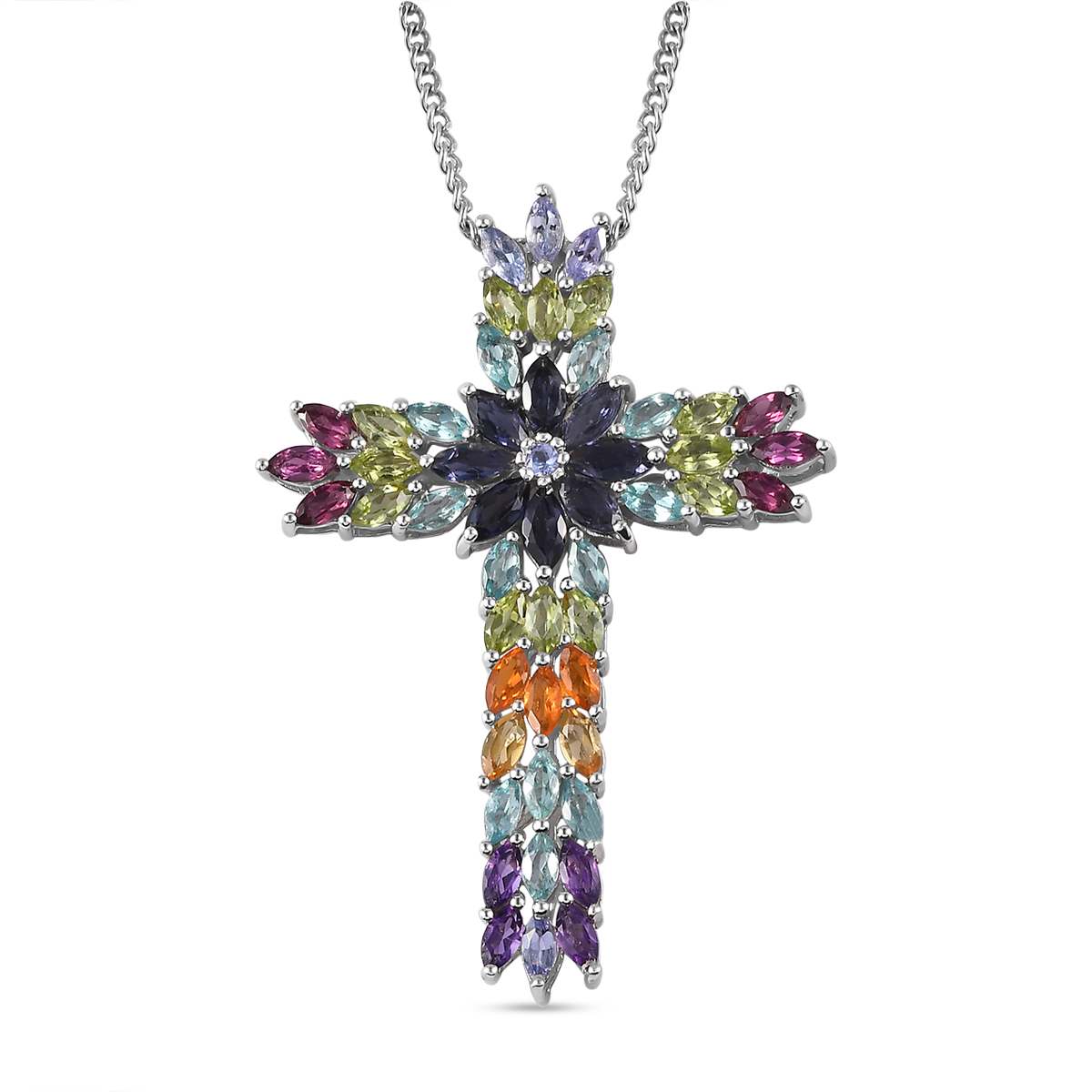 Mehrfarbiger Edelstein-Kreuz-Anhänger mit Kette ca 45 cm, 925 Silber rhodiniert ca. 8.75 ct