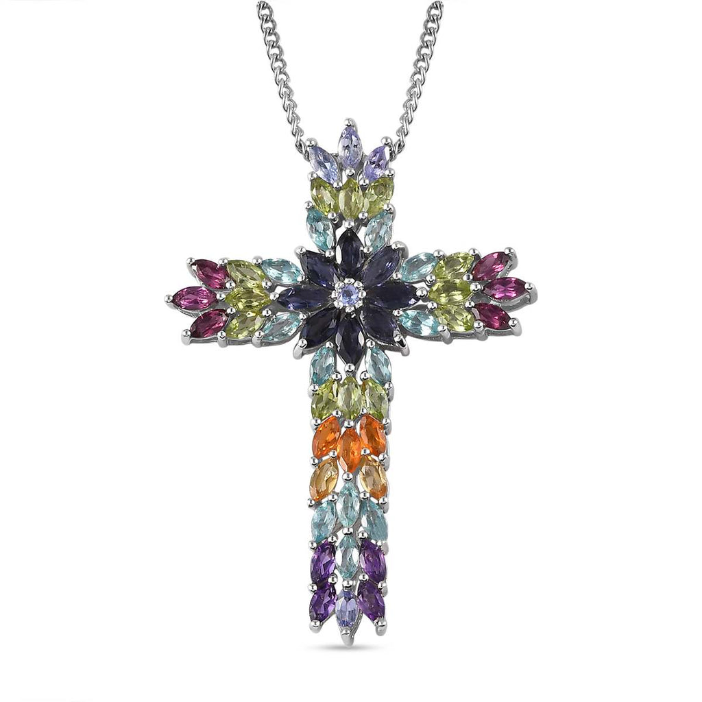 Mehrfarbiger Edelstein-Kreuz-Anhänger mit Kette ca 45 cm, 925 Silber rhodiniert ca. 8.75 ct