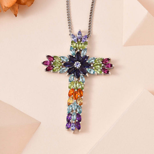 Mehrfarbiger Edelstein-Kreuz-Anhänger mit Kette ca 45 cm, 925 Silber rhodiniert ca. 8.75 ct