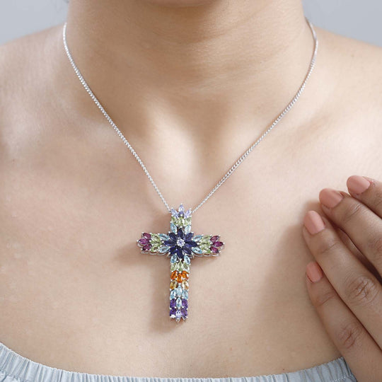 Mehrfarbiger Edelstein-Kreuz-Anhänger mit Kette ca 45 cm, 925 Silber rhodiniert ca. 8.75 ct